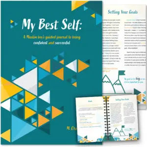 Front cover with Inner spread of My Best Self (Boys) by M. Chaudhry. Islamic teen boys journal by Ta-Ha Publishers
