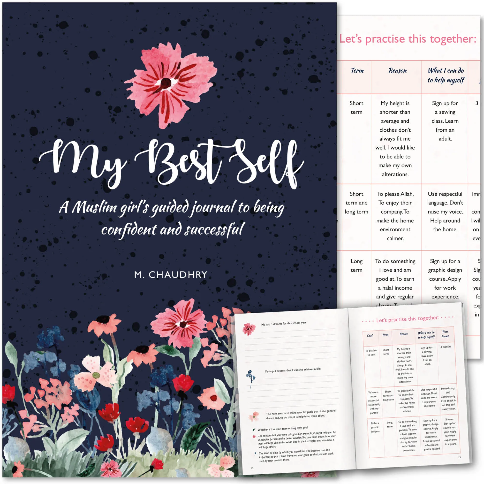 Front cover with Inner spread of My Best Self (Girls) by M. Chaudhry. Islamic teen girls journal by Ta-Ha Publishers