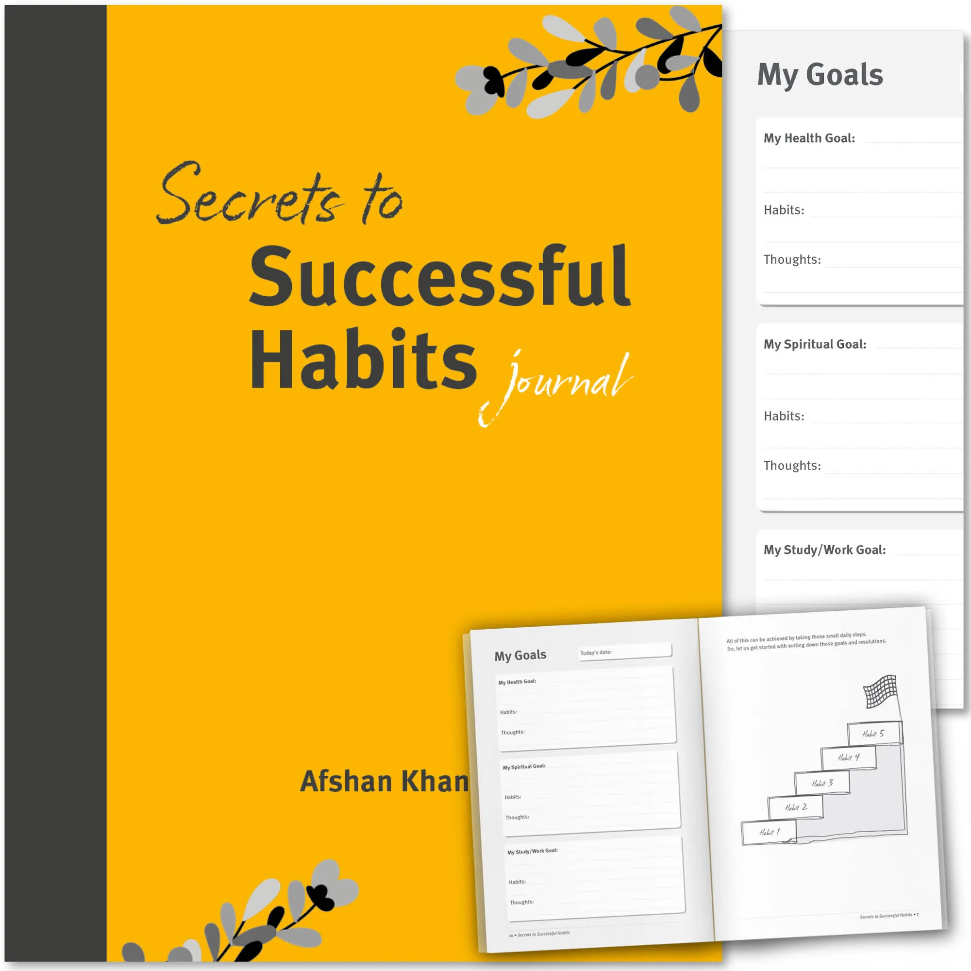 Front cover with Inner spread of Secrets to Successful Habits Journal by Afshan Khan. Islamic worship journal by Ta-Ha Publishers