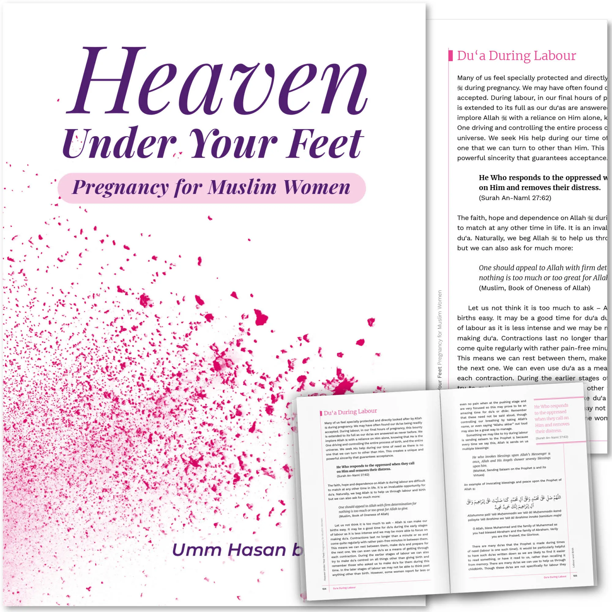 Front cover with Inner spread of Heaven Under Your Feet by Umm Hasan Bint Salim. Muslim pregnancy handbook by Ta-Ha Publishers