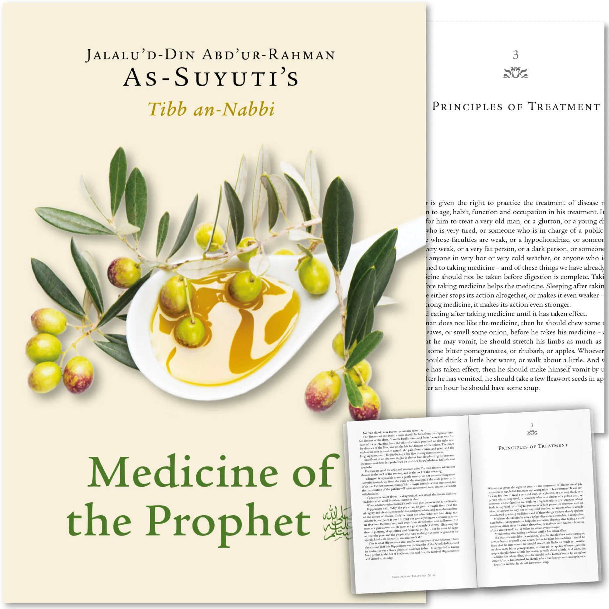 Front cover with Inner spread of Medicine of the Prophet by As-Suyuti. Prophetic healing classic by Ta-Ha Publishers