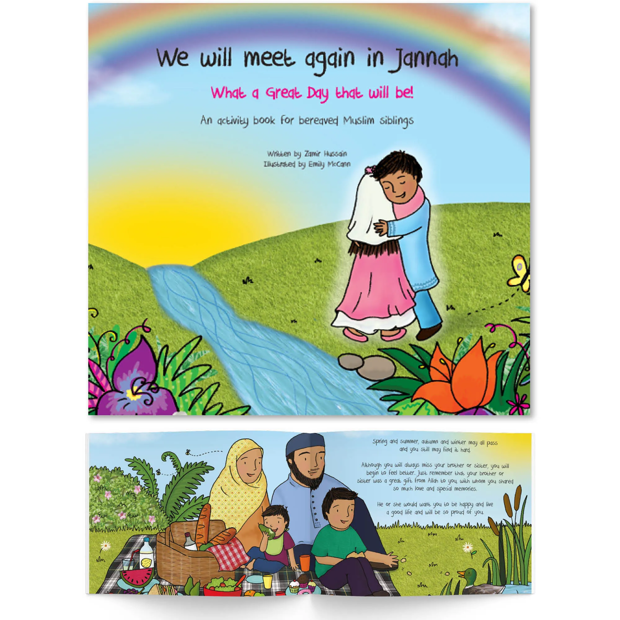 Front cover with Inner spread of We Will Meet Again in Jannah by Zamir Hussain. Children’s death activity book by Ta-Ha Publishers