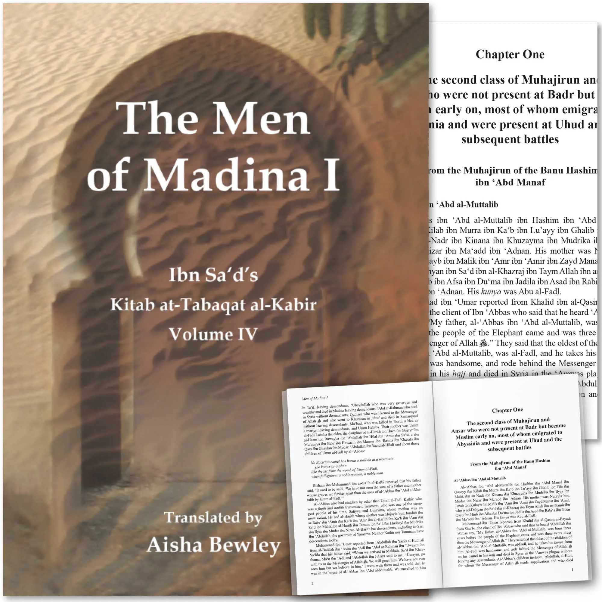 Front cover with Inner spread of The Men of Madina I by Muhammad Ibn Sa’d, Aisha Bewley. Kitab at-Tabaqat by Ta-Ha Publishers