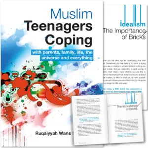 Front cover with Inner spread of Muslim Teenagers Copying by Ruqaiyyah Waris Maqsood. Muslim teen guide by Ta-Ha Publishers