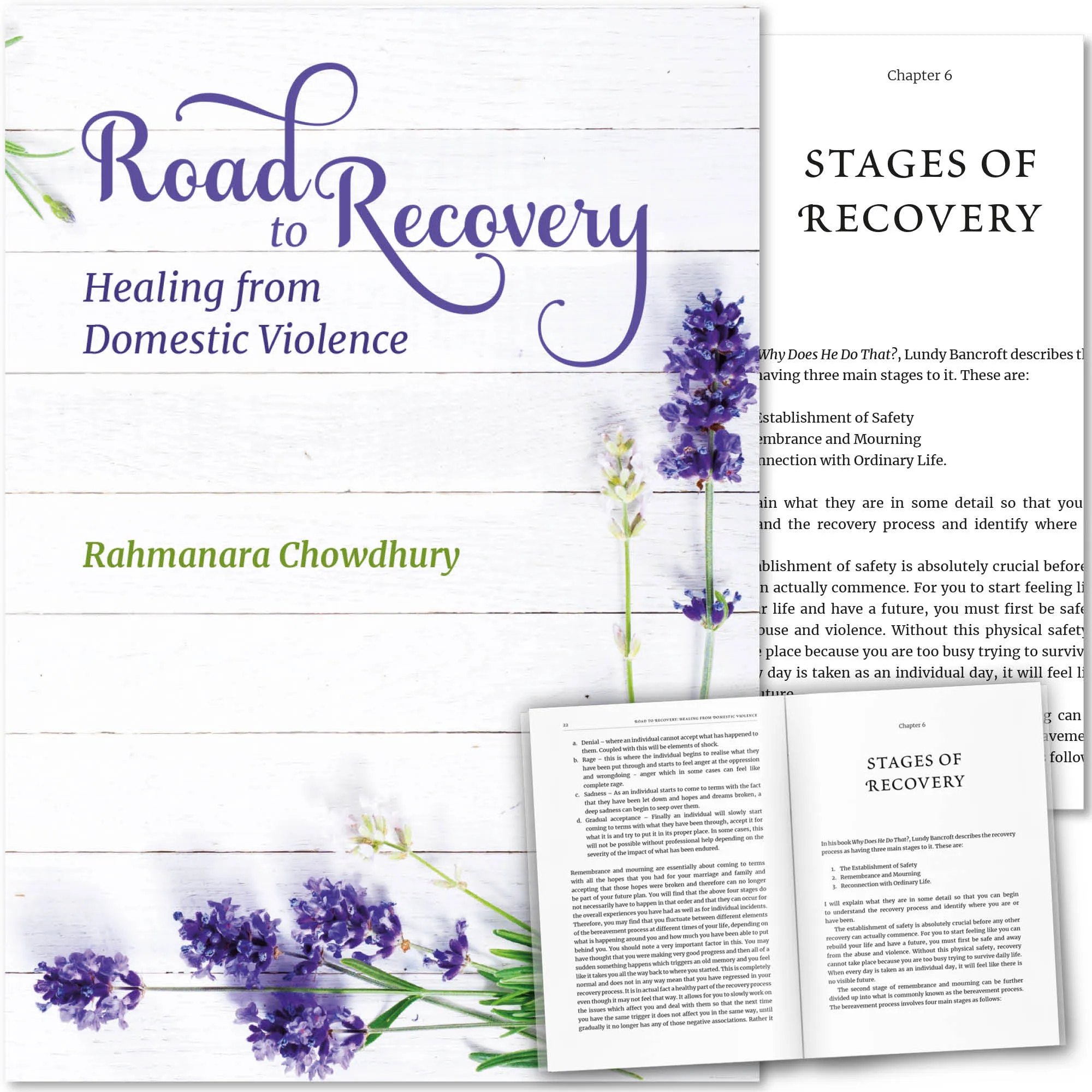 Front cover with Inner spread of Road to Recovery by Rahmanara Chowdhury. Domestic abuse guide for Muslim women by Ta-Ha Publishers