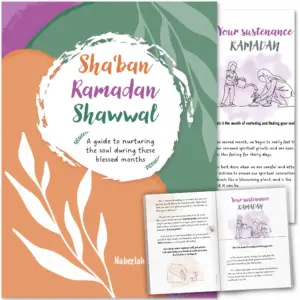 Front cover with Inner spread of Sha‘ban, Ramadan, Shawwal by Nabeelah Niaz. Ramadan guide for women by Ta-Ha Publishers
